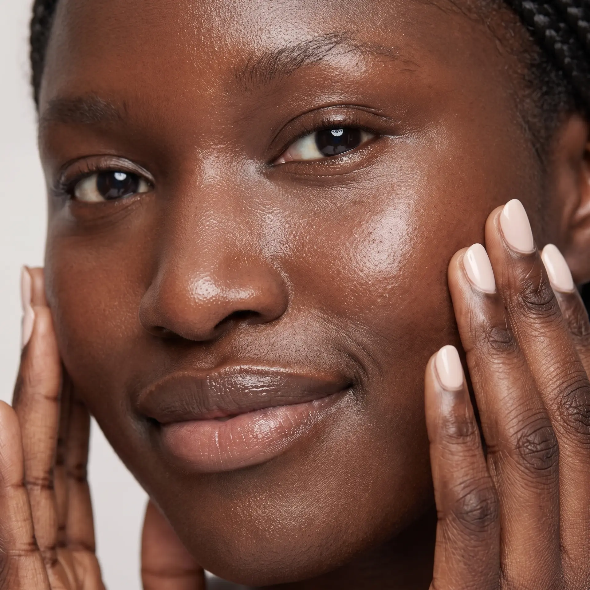 Close-up of a skincare routine with hands gently applying product to glowing skin